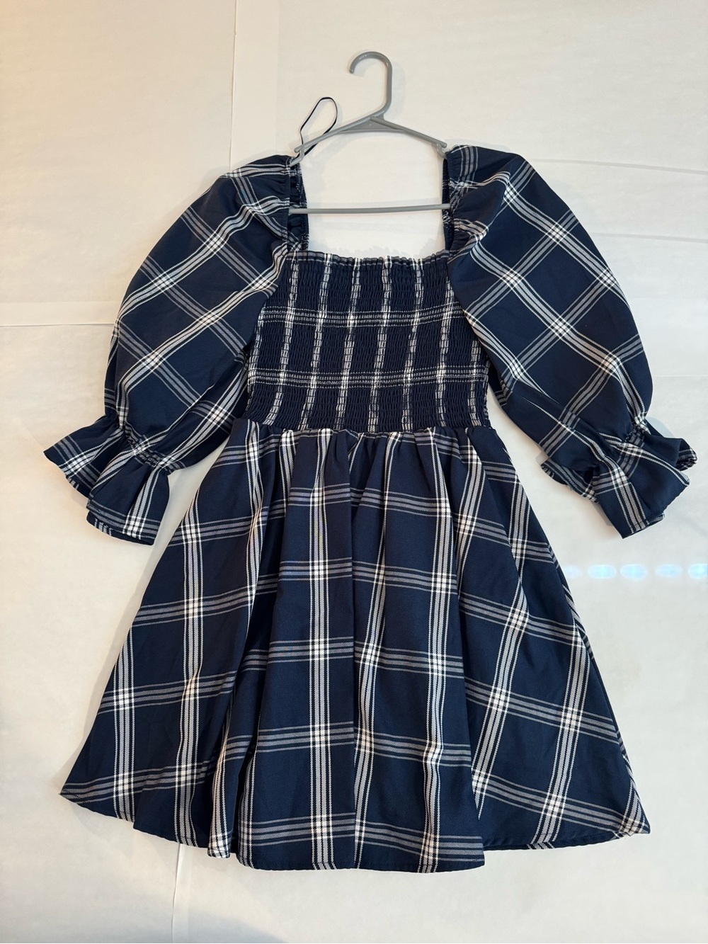 Smocked Navy Plaid Casual Dress with Puff Sleeves